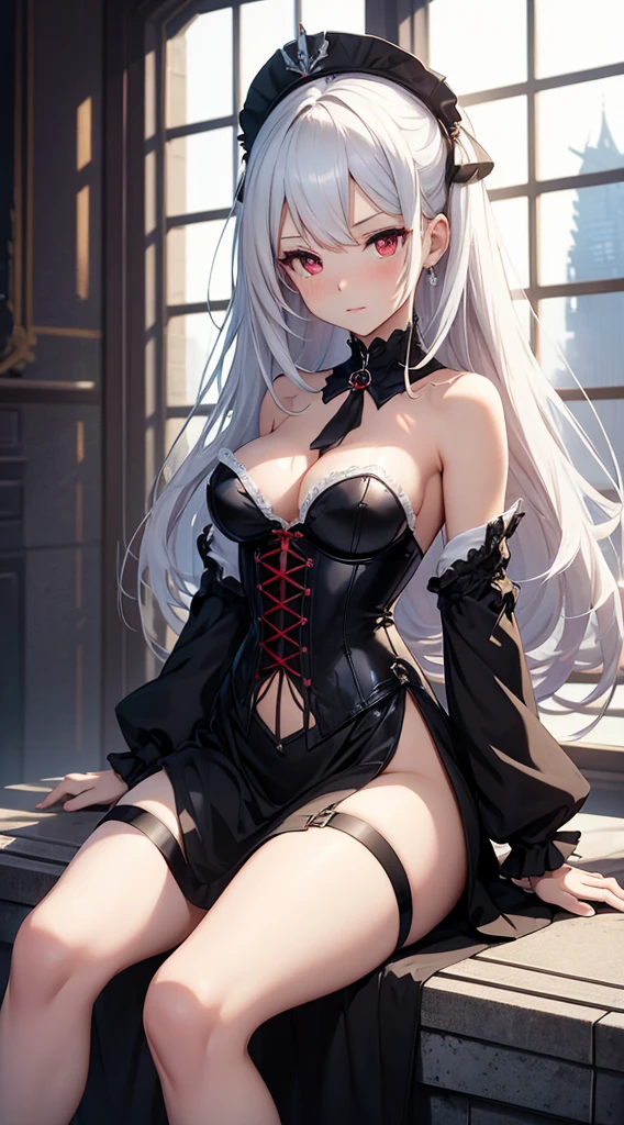 anime: style image of a woman wearing a navel corset dress in dress, cute anime waifu with a nice dress add_detail:1, seductive anime girl, , cushart krenz art key women, from the video game azur lane, Azure Lane Style, anime girl in a black dress, trend on artstation pixiv, red pupils add_detail:1, White hair, good figure add_detail:1, sitting on a ledge, futuristic city add_detail:1, view full body, barefoot, beautiful feet add_detail:1, small breasts, lolita add_detail:1, parciality nude add_detail, sensual girl, revealing dress undressing add_detail:1, very horny girl, open legs