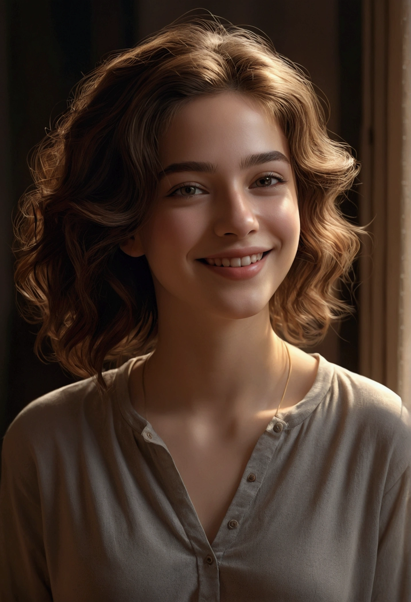 1girl, full body, smiling, tranquil, closed mouth, neck shirt, beautiful detailed eyes, beautiful detailed lips, extremely detailed face and hair, photorealistic, 8k, hyper detailed, chiaroscuro lighting, oil painting, muted colors, warm tones, cinematic composition, dramatic lighting, atmospheric