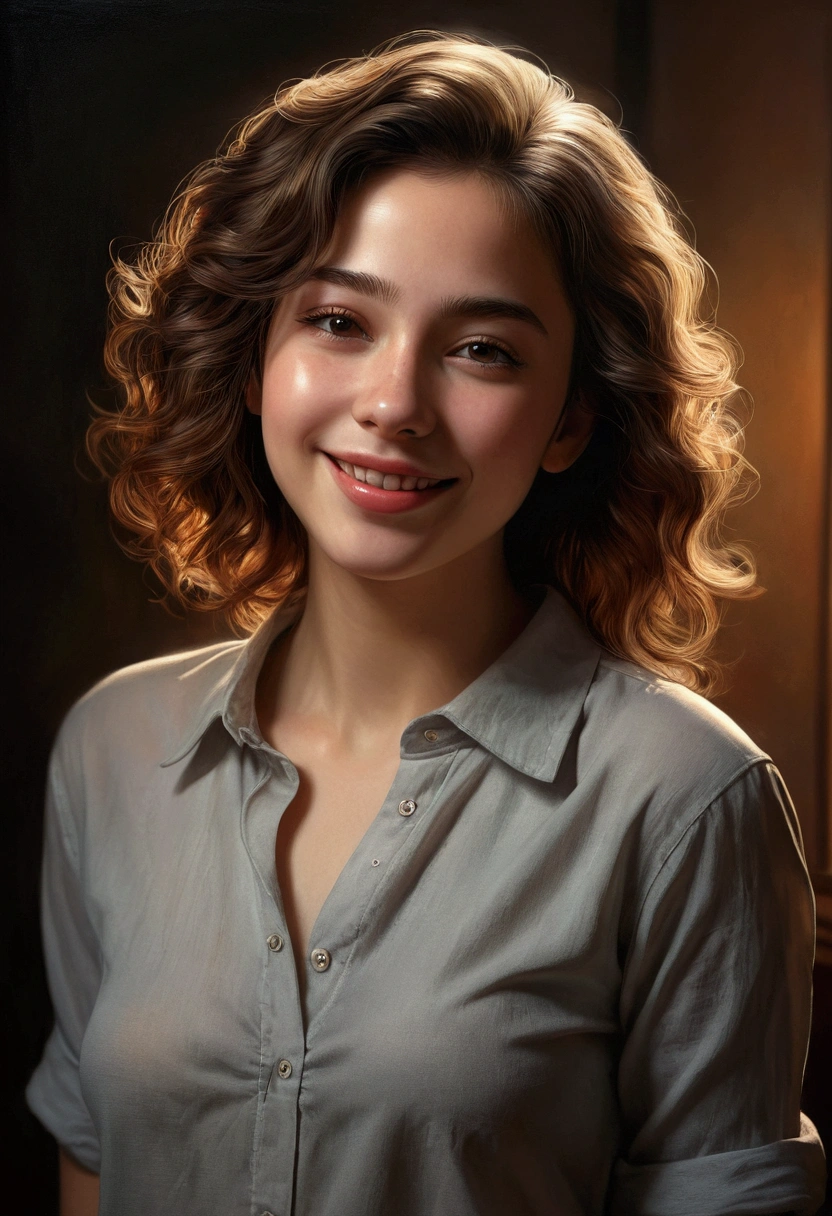 1girl, full body, smiling, tranquil, closed mouth, neck shirt, beautiful detailed eyes, beautiful detailed lips, extremely detailed face and hair, photorealistic, 8k, hyper detailed, chiaroscuro lighting, oil painting, muted colors, warm tones, cinematic composition, dramatic lighting, atmospheric