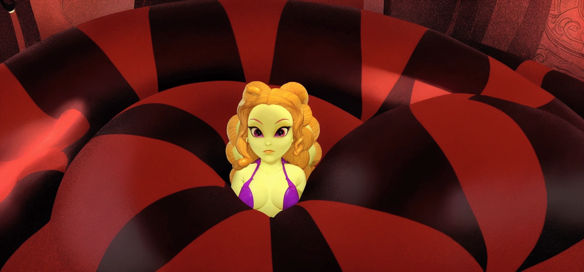 there is a cartoon girl in a purple dress standing in a giant red ball, second life avatar, alien princess, evil princess, from sam and max, succubus in tight short dress, big tentacle sneak around, gorgon, y 2 k cutecore clowncore, in a throne room, sitting on obsidian throne, beautiful female gorgon, megara