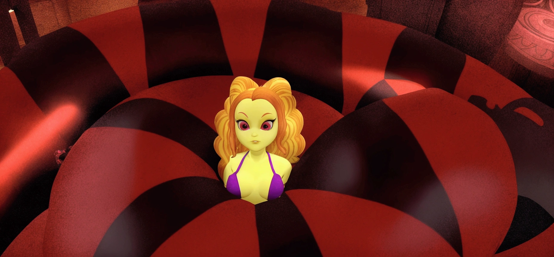 there is a cartoon girl in a purple dress standing in a giant red ball, second life avatar, alien princess, evil princess, from sam and max, succubus in tight short dress, big tentacle sneak around, gorgon, y 2 k cutecore clowncore, in a throne room, sitting on obsidian throne, beautiful female gorgon, megara