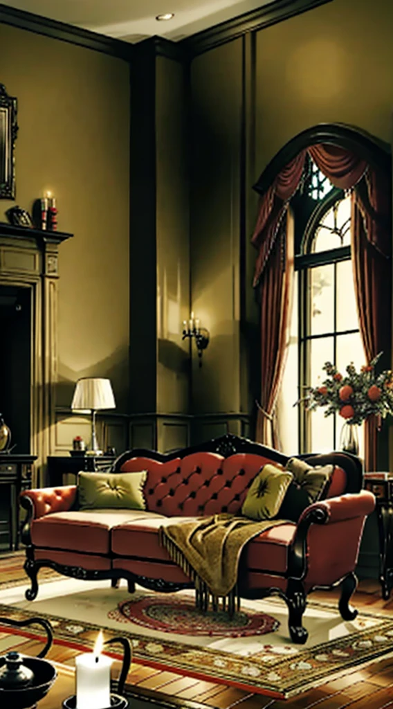 Photography, sofa, tea table, ( living room), curtains, waxy candles, decorations, wooden floor, carpet, fireplace