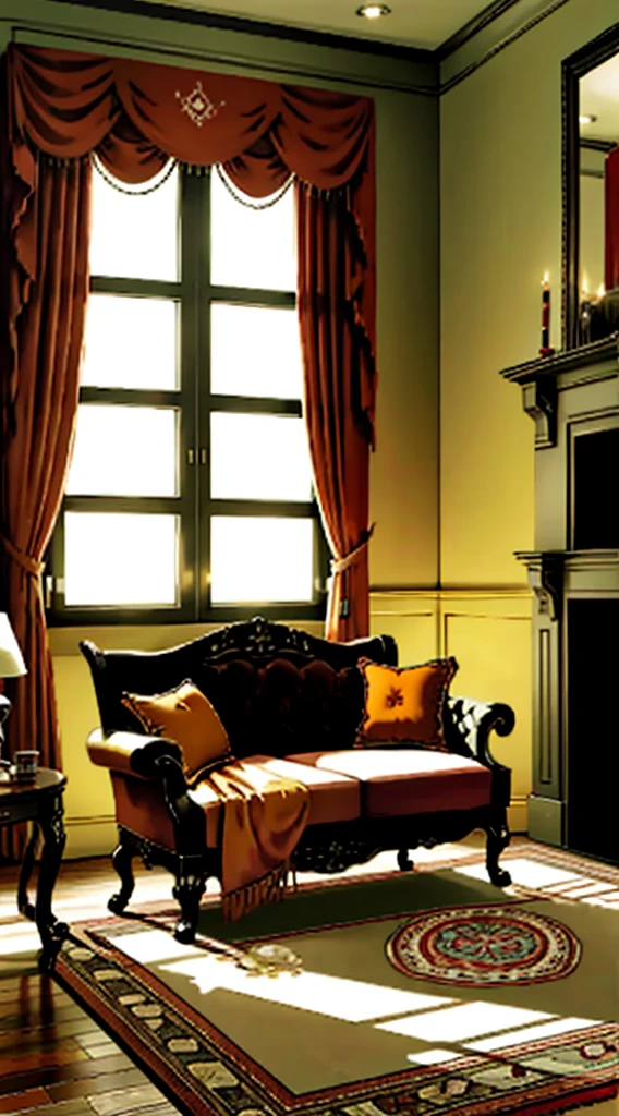 Photography, sofa, tea table, ( living room), curtains, waxy candles, decorations, wooden floor, carpet, fireplace