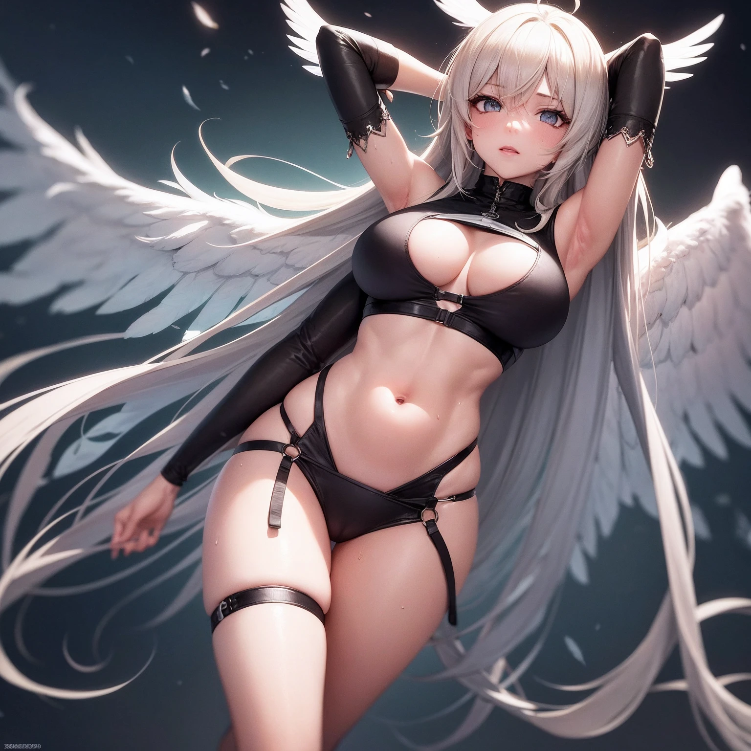 echanis_enicha, simple background, incredible high-key lighting, masterpiece, thighup shot, cowboy shot, high quality, ambient soft lighting, 4K, 1girl, alternate breast size, belly, breasts, big breasts, glowing, long hair, feathered bangs, bangs, feathered hair, navel, solo, stretching, arms raised, hands behind head, armpits, futuristic, (gleaming skin), (sweating), (heavy breathing), thick, curvy, bodysuit, sleek bodysuit, techsuit, ahoge, looking at viewer, thigh highs, thigh strap, skindentation, ((transparent clothes)), navel, ((navel window)), midriff, tight, casual stance, underboob, boob window, ((brilliant eye)), ((sparkling eye)), skinkintight, asymmetrical clothes, best quality, realistic, absurdres, perfect shadows and lighting, exposed, character study, wings, draconic wings, feathers, scales, lappland, arknights