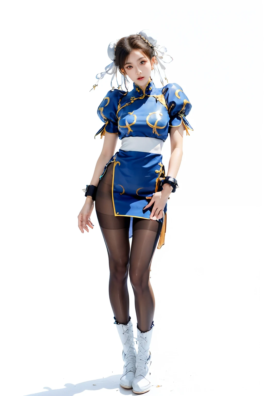 full body, (A chun-li posing for a picture:1.4),tall, (hands on crotch:2),(collect legs:2),(shy:1.4),(white background:2),chun-li, (standing:2),Bun head,bun covers, boots, bracelet, brown pantyhose, china dress, blue china dress color, chinese clothes, blue china clothes color,cross-laced footwear, dress, gold trim, jewelry,20 denial pantyhose, brown pantyhose color,pelvic curtain, puffy sleeves, sash, short sleeves, side slit, spiked bracelet, spikes and white footwear, beauty face, big breast, thick tight