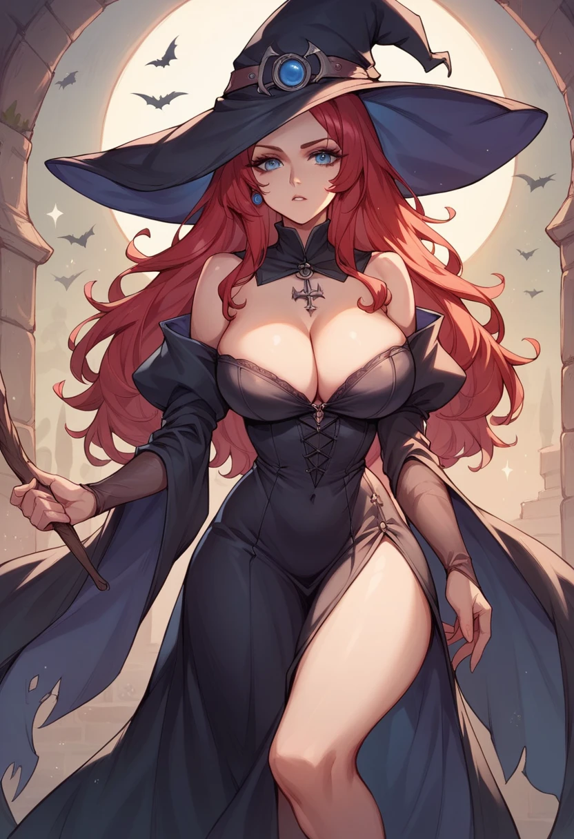 Medieval theme, Rias Gremory, big breasts, witch, red hair, witch hat, black witch dress, great cleavage, blue eyes