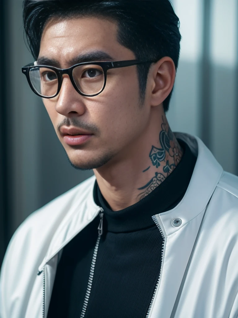 Realistic ultra-detailed a asian men with talking on a cell phone from the webtoon Wind Breaker. ((glasses)), He has black hair, lip incision, ((tatto in his neck and chest)). Use a 70mm lens for a stunning portrayal."
