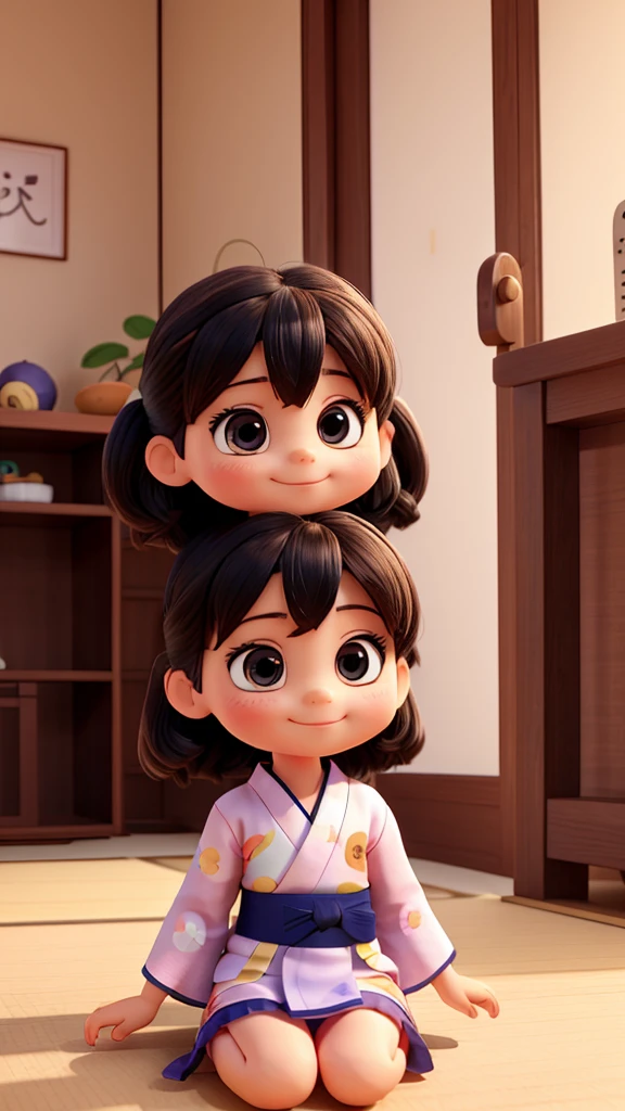 3D 1 person　whole body　Sitting　Full of happiness　Little girl wearing a yukata　Inside the house　Pop and bright　All around is shining
