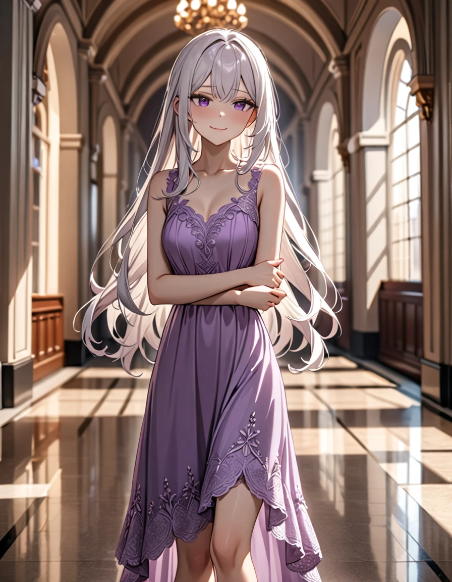 1 girl, short, slim, purple eyes, very long hair, white hair, hair reaching ankles, sleep light purple dress, hallway, blurry background, smirking, crossing arms, 8k, masterpiece, dim lighting, best quality, very aesthetic, absurdres, newest, intricate details, intricate, (SuperQuality:1.0) ~ (SuperQuality:1.2)