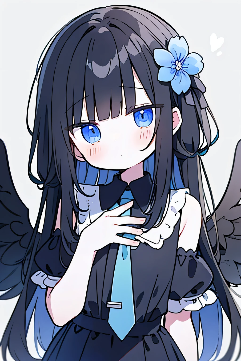 cute、One , Black Hair ,Single flower in the hair, White skin,blue eyes、Green tie、Showing the back of the hand、Beautiful hands