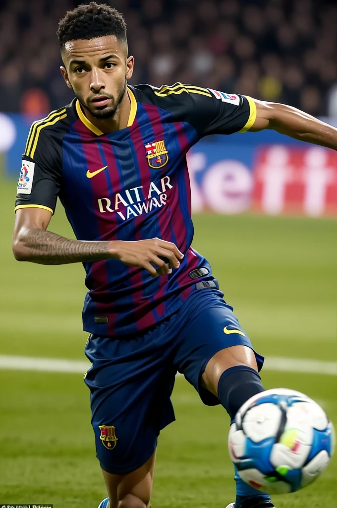 1 15 year old black boy who is a defender who is catching the ball from the Barcelona player professionally called Thiago Bento who is Spanish