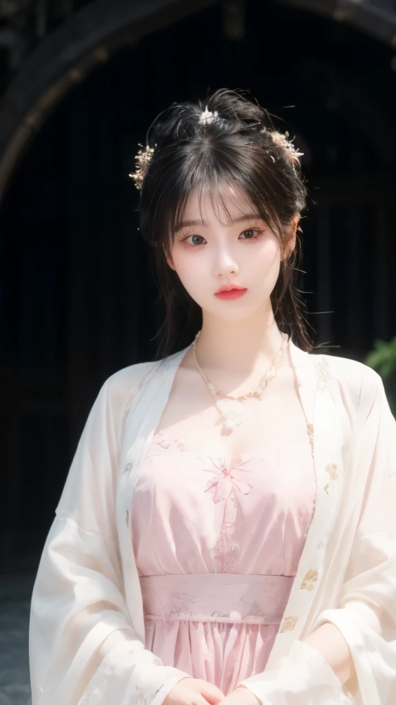 best quality, masterpiece, high resolution, 1 girl,Pink China Gown, Hair accessories, necklace, Jewelry, Pretty Face, Body, Tyndall effect, Practical, Shadow Studio, Edge lighting, Two-color lighting, (High Detail Skin: 1.2), 8K UHD, SLR camera, Soft Light, high quality, Volumetric Light, , photo, high resolution, 4K, 8K, Background blur,