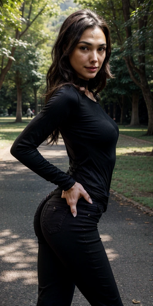 Gal Gadot, black t-shirt, black jeans pants, tight clothes, expressive eyes, close on eyes, neckline, looking to the viewer, smirk smile, above view, above view, close view, neckline, in the morning , sunny day, sexy, above view, focus on eyes, black clothes, in the mountains, skinny body, sunny day, neckline, tight clothes, backview, in the park, trees around