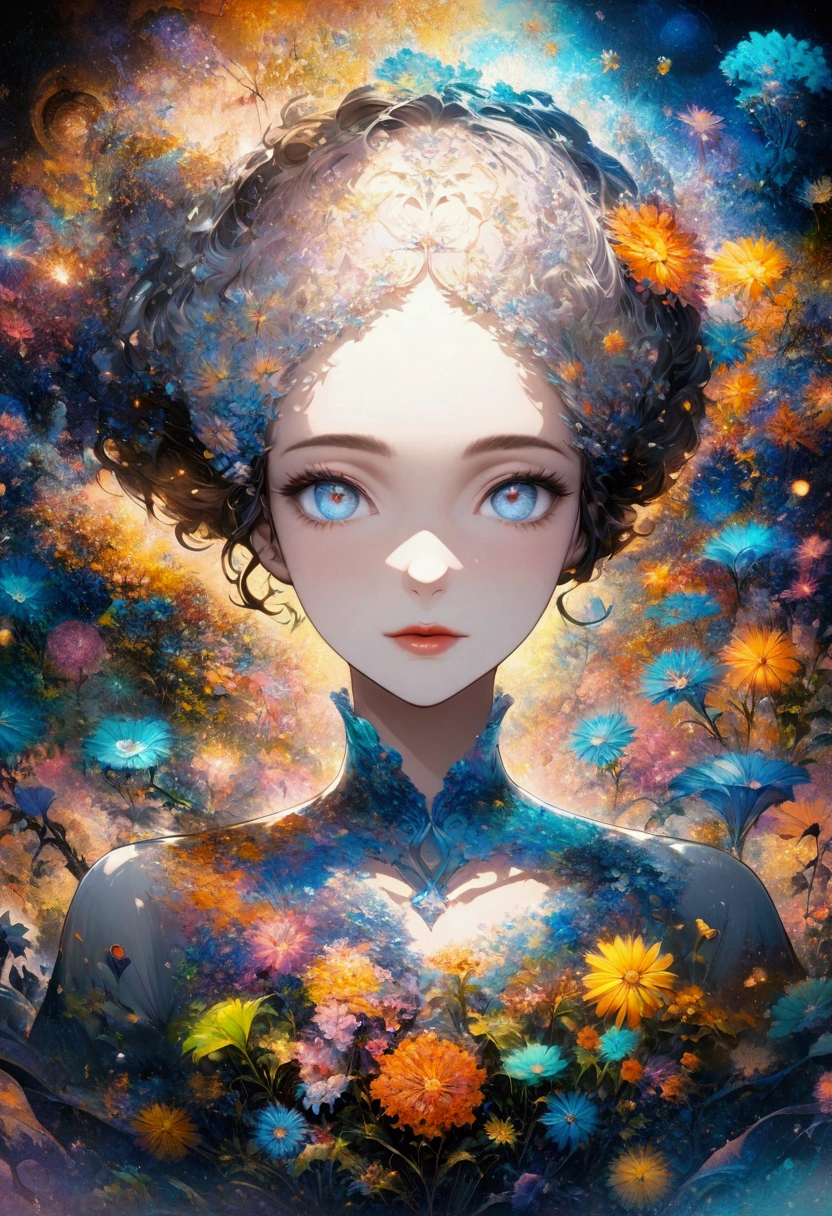 (Official Art, Beauty and aesthetics: 1.2), (Fractal Art: 1.3), Ink Art,vector,illustration,The art of math,1 girl,Unique,Pretty Face,portrait,Upper Body,Shoulder,There are flowers,Glass,artistic conception,Abstract,Psychedelic Art,Look at it from above,White powder color scheme, Large color blocks,blue,best quality,4K,high resolution,Extremely detailed,Bright colors,Bokeh,Studio Lighting,