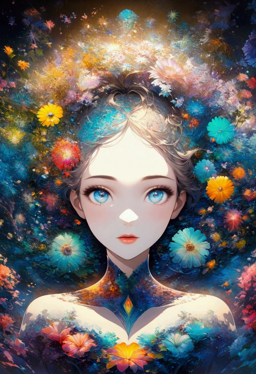 (Official Art, Beauty and aesthetics: 1.2), (Fractal Art: 1.3), Ink Art,vector,illustration,The art of math,1 girl,Unique,Pretty Face,portrait,Upper Body,Shoulder,There are flowers,Glass,artistic conception,Abstract,Psychedelic Art,Look at it from above,White powder color scheme, Large color blocks,blue,best quality,4K,high resolution,Extremely detailed,Bright colors,Bokeh,Studio Lighting,