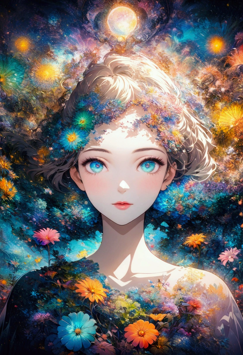 (Official Art, Beauty and aesthetics: 1.2), (Fractal Art: 1.3), Ink Art,vector,illustration,The art of math,1 girl,Unique,Pretty Face,portrait,Upper Body,Shoulder,There are flowers,Glass,artistic conception,Abstract,Psychedelic Art,Look at it from above,White powder color scheme, Large color blocks,blue,best quality,4K,high resolution,Extremely detailed,Bright colors,Bokeh,Studio Lighting,