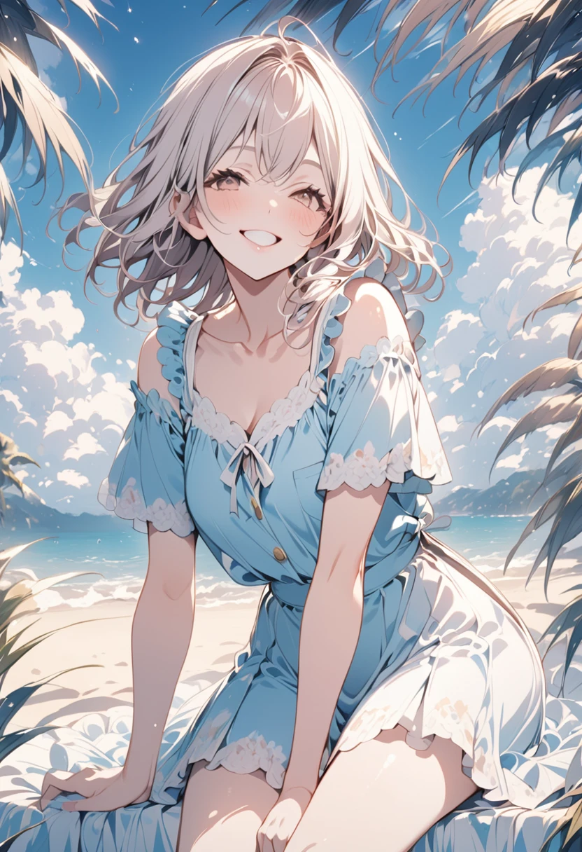 artwork:Katsuya Terada、Beautiful girl、16 years old、Turn around and smile at the viewer、Half-close your eyes、Smiling with teeth showing、one piece、water droplets、Blue sky and cumulonimbus background、Summer vacation、Summer Traditions、(Katsuya Teradaスタイル:1.4)、Masterpiece、Detailed Description、pastel