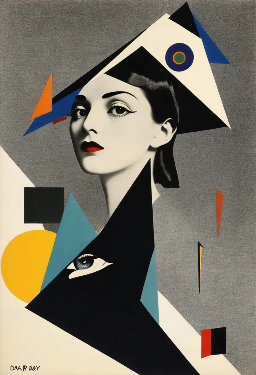 Man Ray:dadaist。Minimalist geometry,multi-layered collage,Irregularly cropped photos collage to create a picture