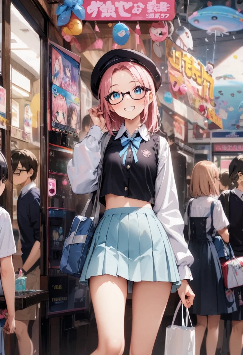 crop top look、Fashionable glasses、Pantieini skirt、Panty shot、arcade、game machine、Game bench、UFO Catcher、Purikura、Date、forehead、Girl、Girl、Short、Younger、Lower 、Baby Face、f、smile、Dynamic Angle、masterpiece、best quality、ultra-detail、There are customers around、I'm making a mess、Clothing、school bag、hat
