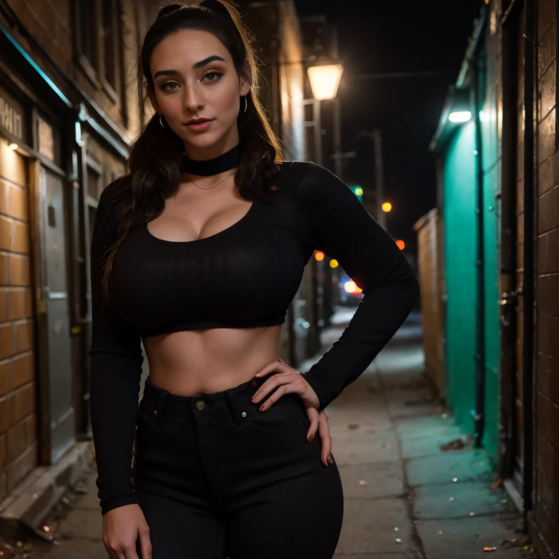 Extremely busty thin and toned brunette photographer, college girl, fair skin, loose ponytail, soft face, athletic, tight dark red long-sleeve crop top, black bra straps, black skinny jeans. standing in a dirty alleyway, club, neon, nighttime, darkness, cleavage