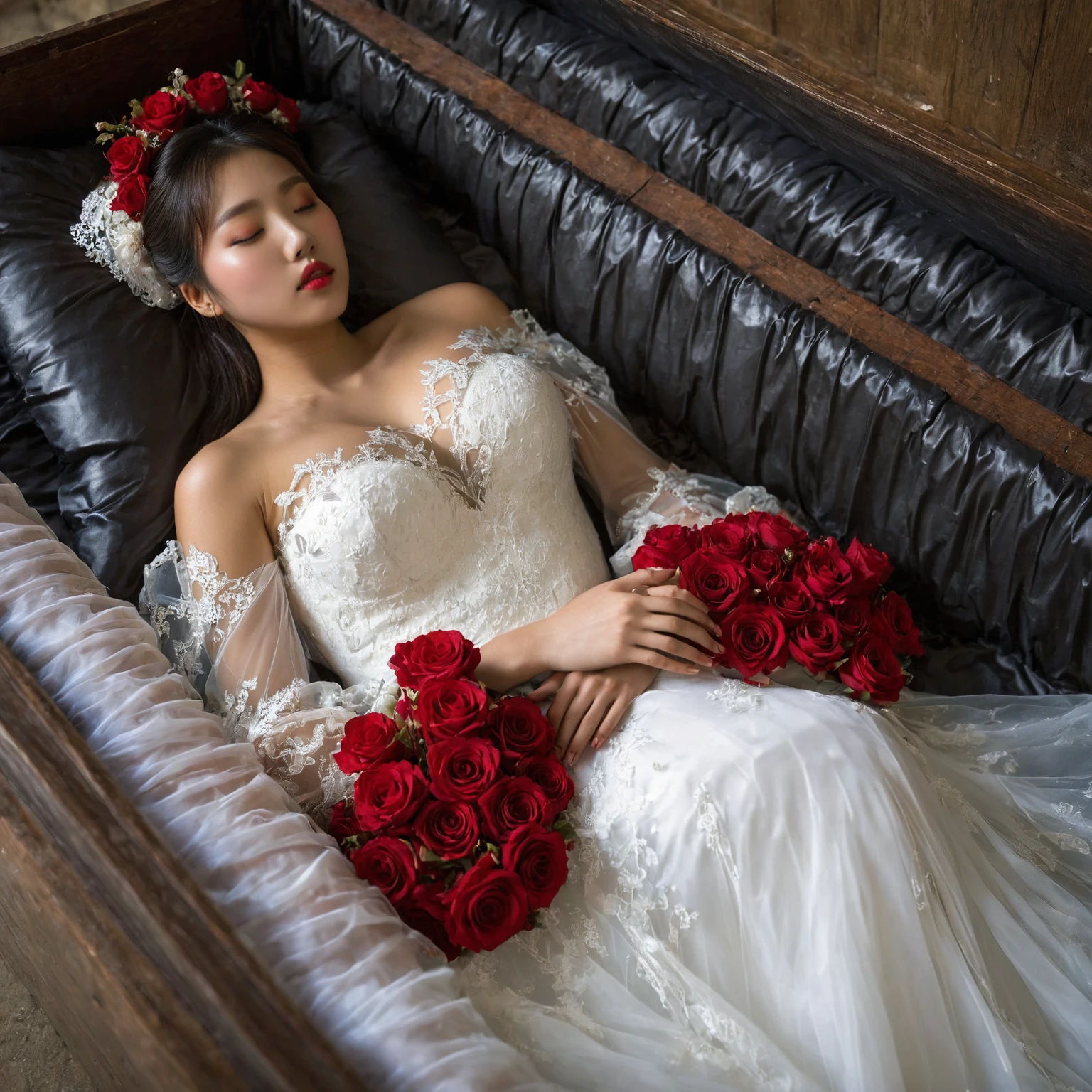 A provocative and sensual image unfolds before us. Two Korean girls, 22 years old, lie asleep in a deep, black coffin surrounded by plush pillows. They wear see-through wedding dresses with lace details, off-shoulder designs, sleeve, and huge skirts that cascade around their bodies. The dresses are cut low to showcase their beautiful breasts, fixed with a subtle cleavage cutout. Their faces are flawless, with perfect eyebrows, eyelashes, and skin tone. One girl's hair is styled in a ponytail with bangs framing her face, while the other has a bun adorned with wisps of hair framing her closed eyes. The overall atmosphere is one of intimacy and sensuality, with saturated colors enhancing the mood. Note the visible breasts and perfectly manicured hands that peek out from beneath the skirts, which are strategically covered to conceal their legs, ba11g0wn 