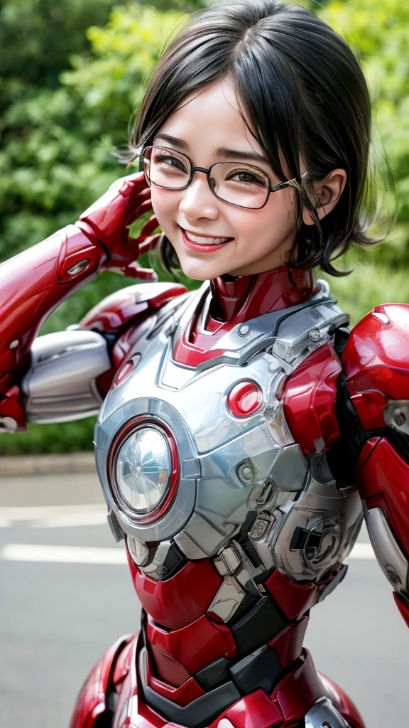 Highest quality 8k Iron Man Suit Girl Kindergarten girl Sweaty face cute short hair boyish Steam coming out of my head My hair is wet with sweat The feel of black hair whole bodyポートレート My upper body is soaked Glasses smile Laughing with your mouth open Sweaty hair whole body
