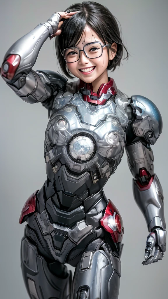 Highest quality 8k Iron Man Suit Girl Kindergarten girl Sweaty face cute short hair boyish Steam coming out of my head My hair is wet with sweat The feel of black hair whole bodyポートレート My upper body is soaked Glasses smile Laughing with your mouth open Sweaty hair whole body