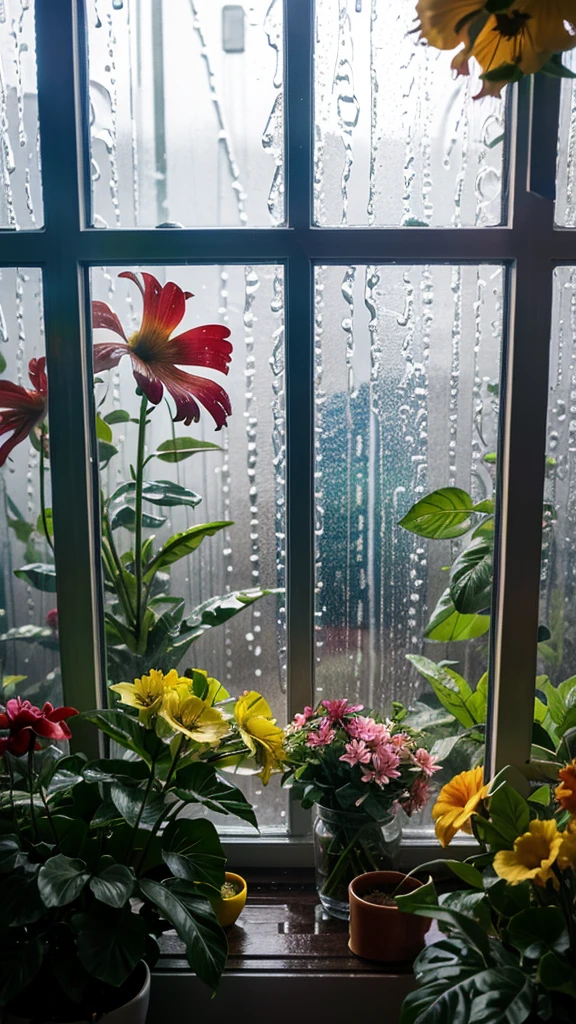 Rainy scenery seen from a tropical window　Colorful flowers