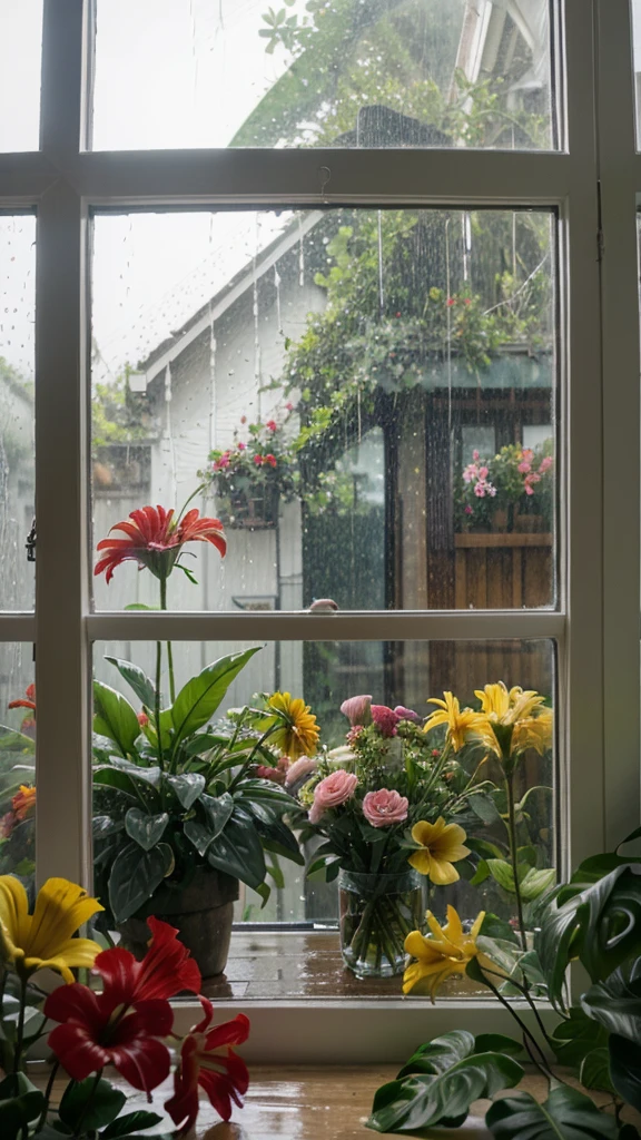 Rainy scenery seen from a tropical window Colorful flowers