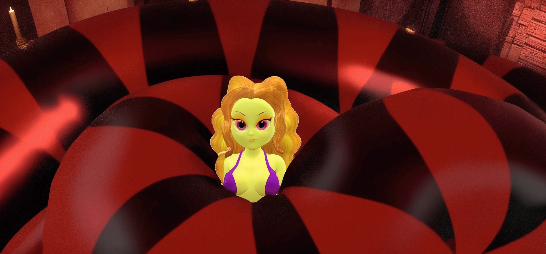 there is a cartoon girl in a purple dress standing in a giant red ball, second life avatar, alien princess, evil princess, from sam and max, succubus in tight short dress, big tentacle sneak around, gorgon, y 2 k cutecore clowncore, in a throne room, sitting on obsidian throne, beautiful female gorgon, megara