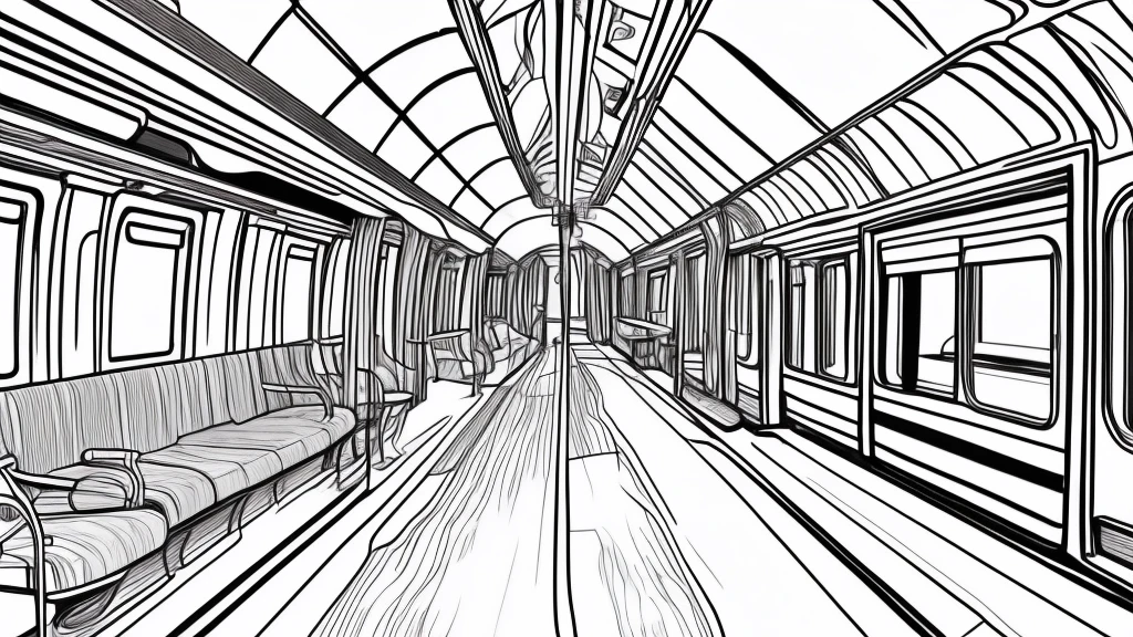 Rough draft line drawing, white train interior