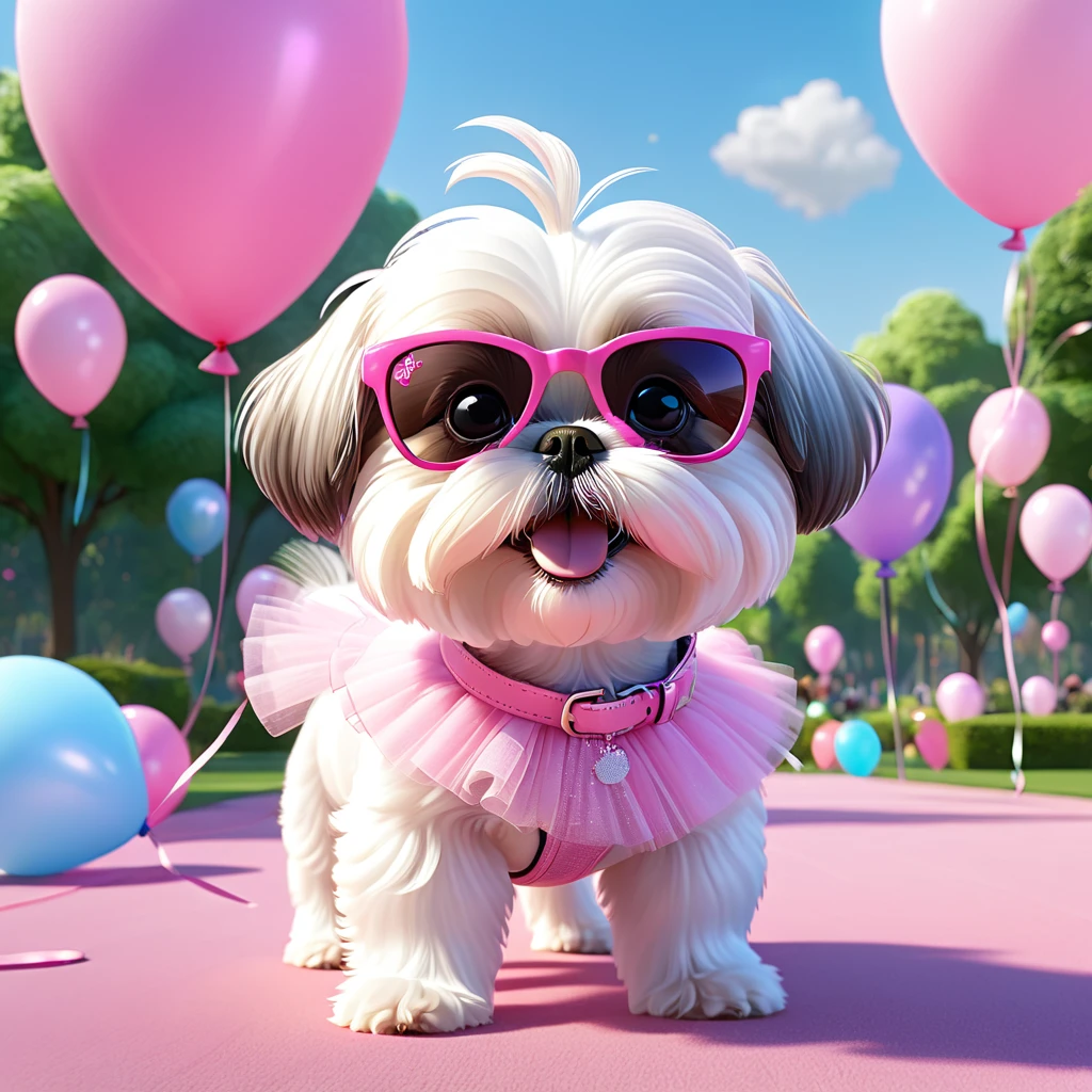 Adorable small white Shih Tzu puppy wearing pink sunglasses pink boys pink tutu at park at birthday balloons flying 3d cartoon 3d render disney pixar style