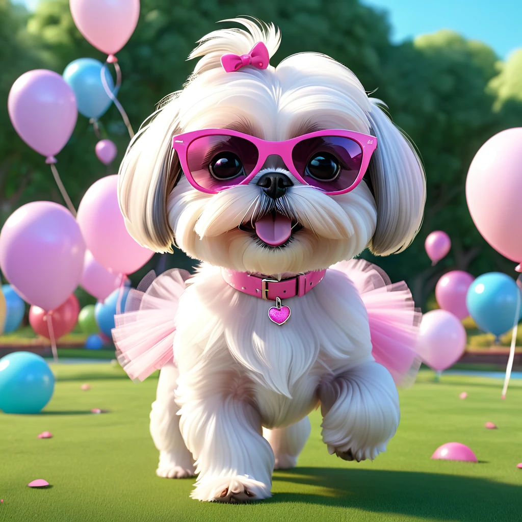 Adorable small white Shih Tzu puppy wearing pink sunglasses pink bows pink tutu at park at birthday playing with the water hose balloons flying 3d cartoon 3d render disney pixar style