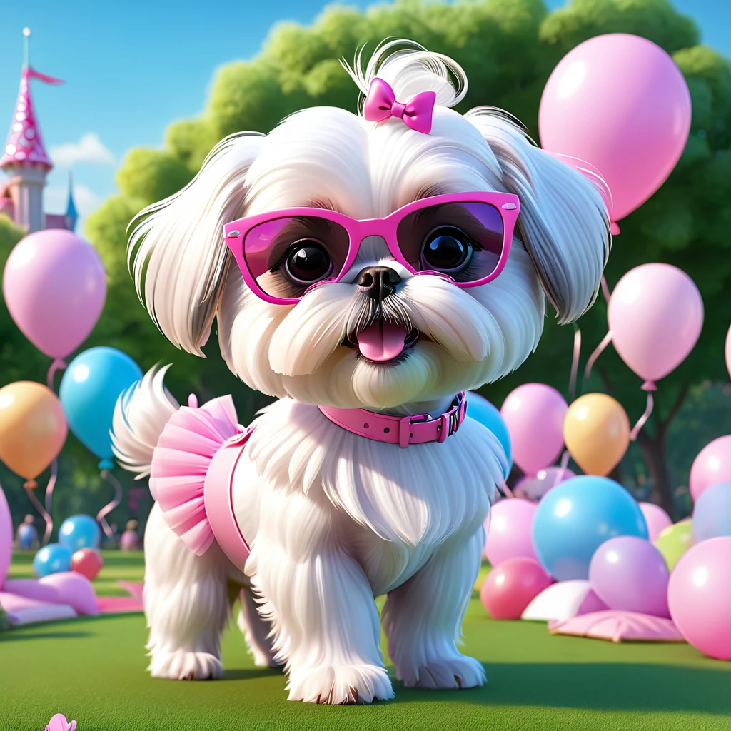 Adorable small white Shih Tzu puppy wearing pink sunglasses pink bows pink tutu at park at birthday playing with the water hose balloons flying 3d cartoon 3d render disney pixar style