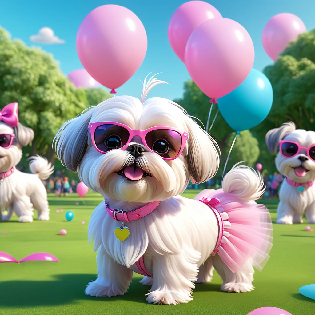 Adorable small white Shih Tzu puppy wearing pink sunglasses pink boys pink tutu at park at birthday balloons flying 3d cartoon 3d render disney pixar style
