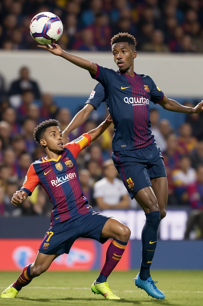 1 15 year old black boy who is a defender who is catching the ball from the player, who is at Barcelona professionally who is Spanish