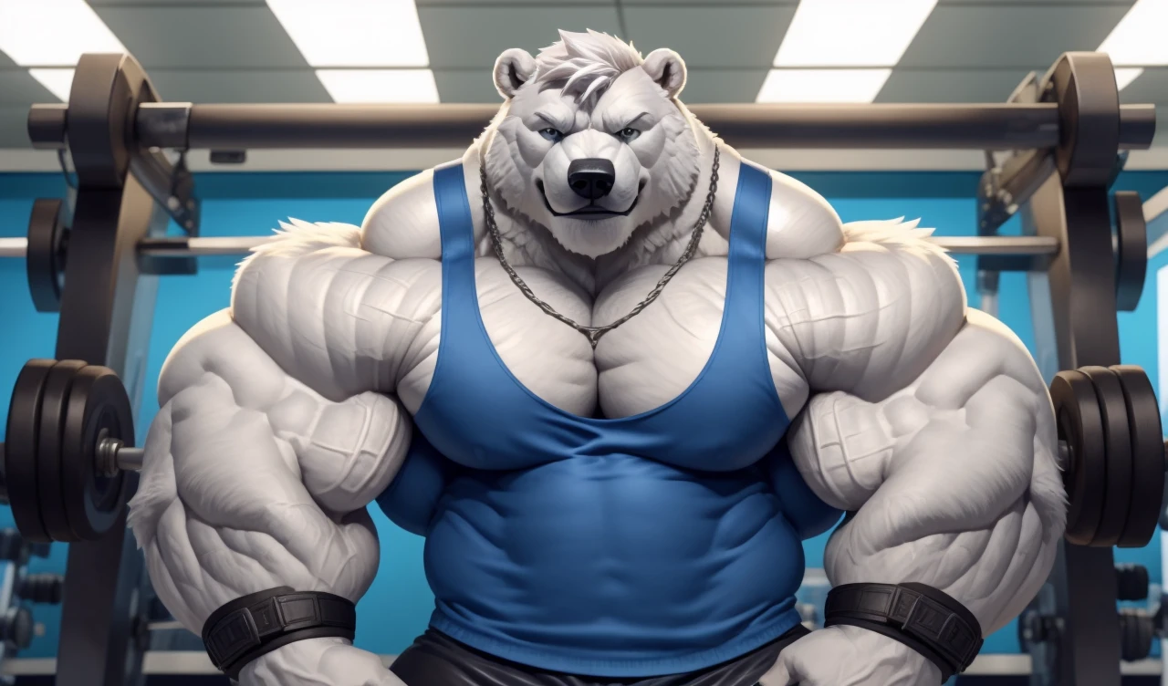 Brock Ólafsson The Huge Muscled Polar Bear, with White Hair, Blue Tank Top, Black Wristbands and Black Gym Shorts, Flexing His Thorax.