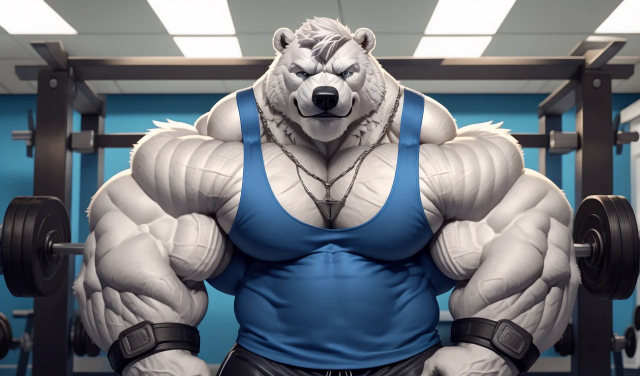 Brock Ólafsson The Huge Muscled Polar Bear, with White Hair, Blue Tank Top, Black Wristbands and Black Gym Shorts, Flexing His Thorax.