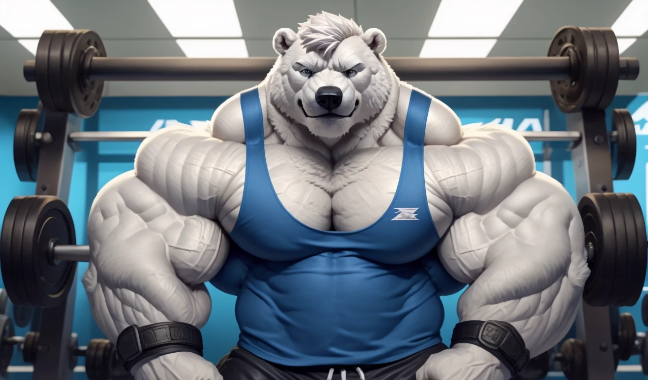 Brock Ólafsson The Huge Muscled Polar Bear, with White Hair, Blue Tank Top, Black Wristbands and Black Gym Shorts, Flexing His Thorax.