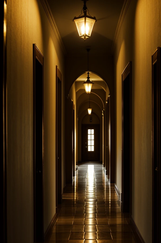 The hallway of a hall, narrow and pale like something out of a horror movie, with a warm light.
