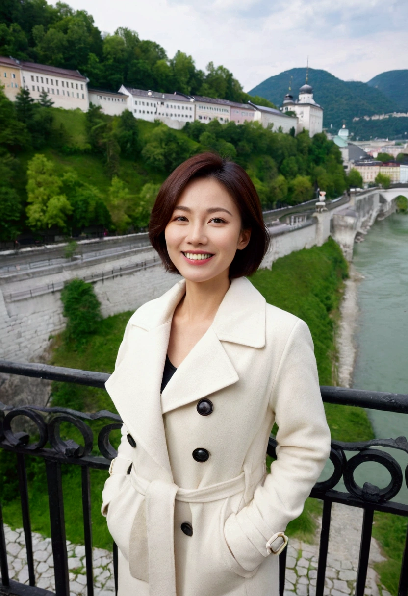 high quality, 1 woman, ((36-year-old healthy Korean woman)), ((36 years old)), 1 woman, ((slim)), ((short medium hair)), Smile. pose: standing, Myungpum brand light coat, background:Your residence is a baroque townhouse with a plaster façade and wrought iron railings.., Overlooking the Salzach River and Hohensalzburg Fortress, looking slightly up, 1 woman, Full body shot with Canon 16-34 wide angle lens, river view