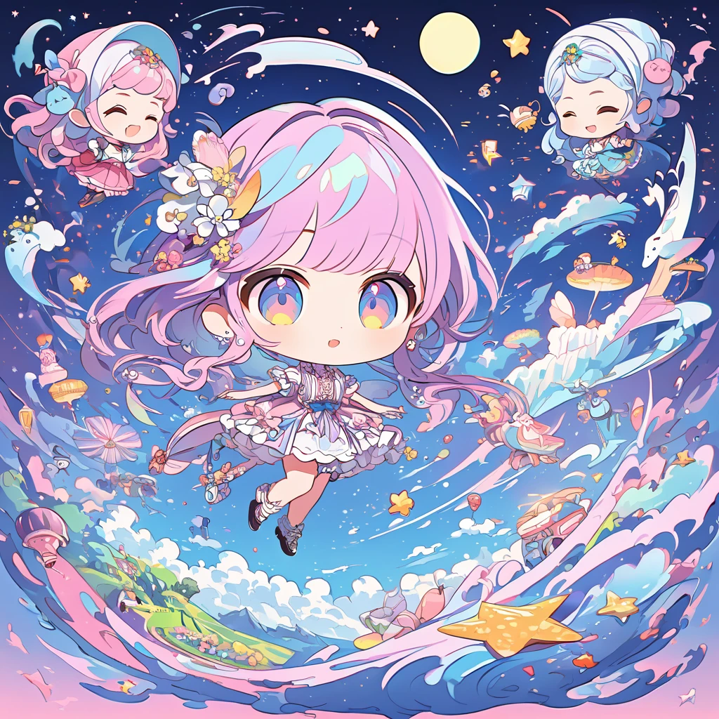 absurdres, (masutepiece:0.7), (best quality:1.3), 8k, 4k, (ultra-detailed, sharp focus:1.3), pastel colors illustration, magical realism, (girlish & feminine:1.0), (elegant atmospher:1.2), depth of field, chibi woman flying in the sky, small stars floating, moon light and star light, a beautiful artwork illustration, highly detailed Vector art, air brush illustration, in style of digital illustration
