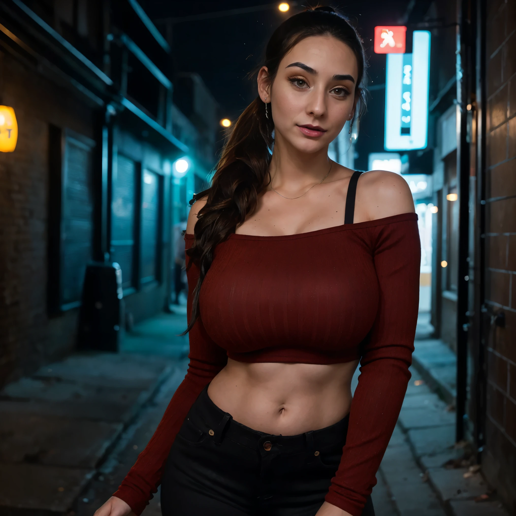 Extremely busty thin and toned brunette photographer, college girl, fair skin, loose ponytail, soft face, athletic, tight dark red long-sleeve off-shoulder crop top, black bra straps, black skinny jeans. standing in a dirty alleyway, club, neon, nighttime, darkness, cleavage