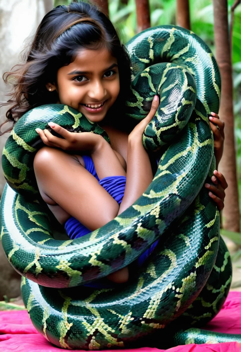 Happy Horny, aroused 1girl), beautiful Indian young girl with giant colossal Kaa monster squeezing her hard, wrapped in thick spiraling coils, constricted, struggle, gasping for air, snake attack, snake peril,