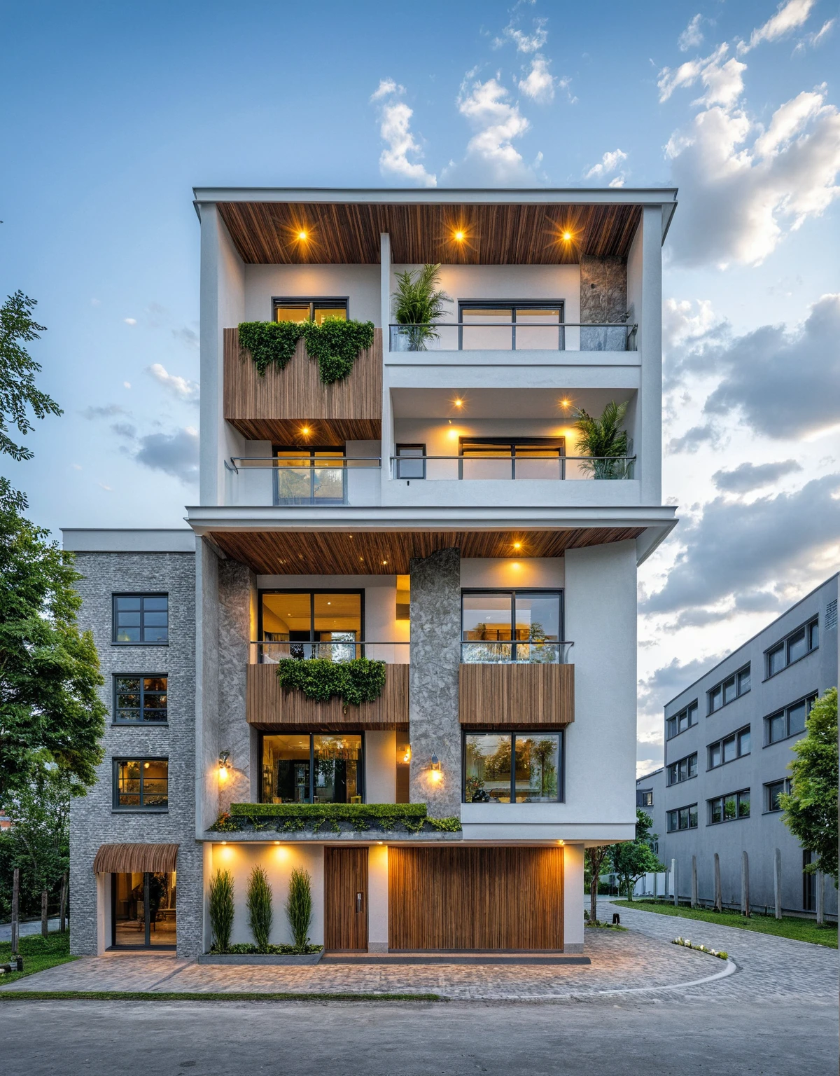 Masterpiece, high quality, best quality, authentic, super detail, outdoors, onestoreyvillaXL, aiaigroup, house style modern on the street ,stairs, white wall ,road,pavement, grass, trees, sky, cloud, (daylight:1.1)
