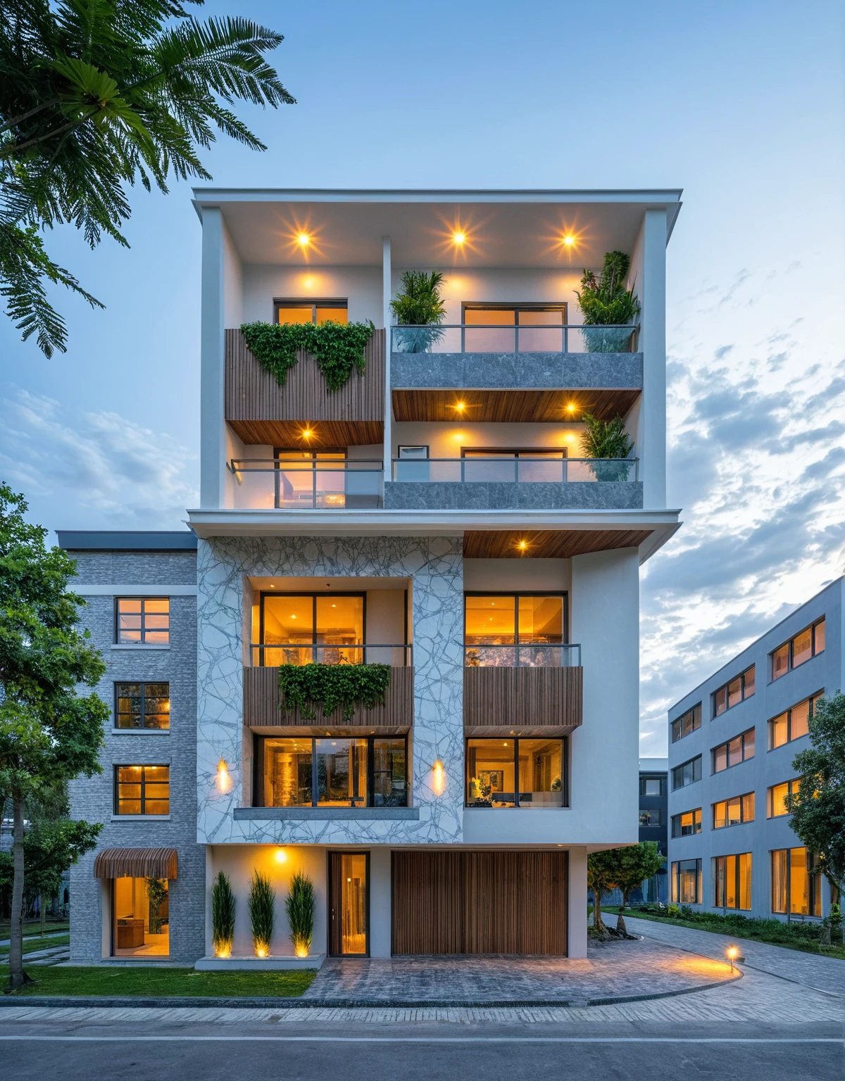 Masterpiece, high quality, best quality, authentic, super detail, outdoors, onestoreyvillaXL, aiaigroup, house style modern on the street ,stairs, white wall ,road,pavement, grass, trees, sky, cloud, (daylight:1.1)