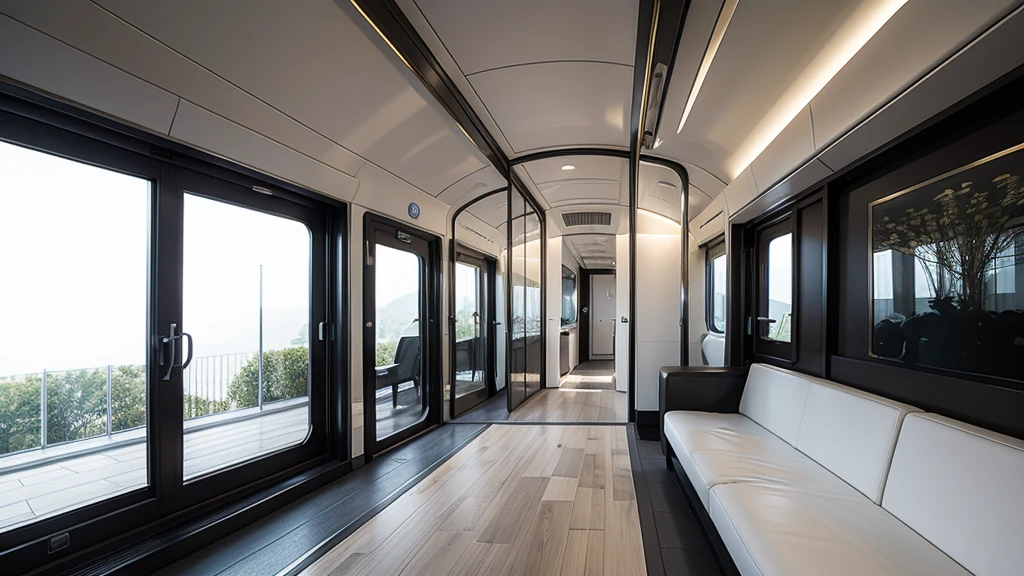 Rough draft line drawing, white train interior