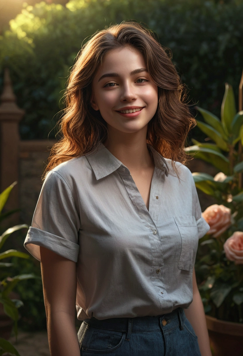 1girl, full body, smiling, tranquil, closed mouth, neck shirt, beautiful detailed eyes, beautiful detailed lips, extremely detailed face and hair, photorealistic, 8k, hyper detailed, chiaroscuro lighting, oil painting, muted colors, warm tones, cinematic composition, dramatic lighting, atmospheric, garden scene