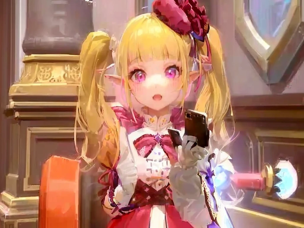 a close up of a person in a dress holding a cell phone, , twintails white_gloves, lalafell, pink twintail hair and cyan eyes, holding a pudica pose, girl, , ayaka genshin impact, shalltear bloodfallen, ayaka game genshin impact