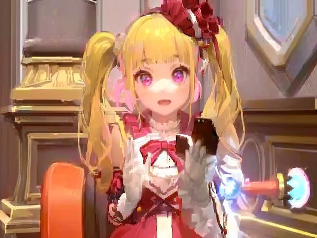 a close up of a person in a dress holding a cell phone, , twintails white_gloves, lalafell, pink twintail hair and cyan eyes, holding a pudica pose, small girl, , ayaka genshin impact, shalltear bloodfallen, ayaka game genshin impact